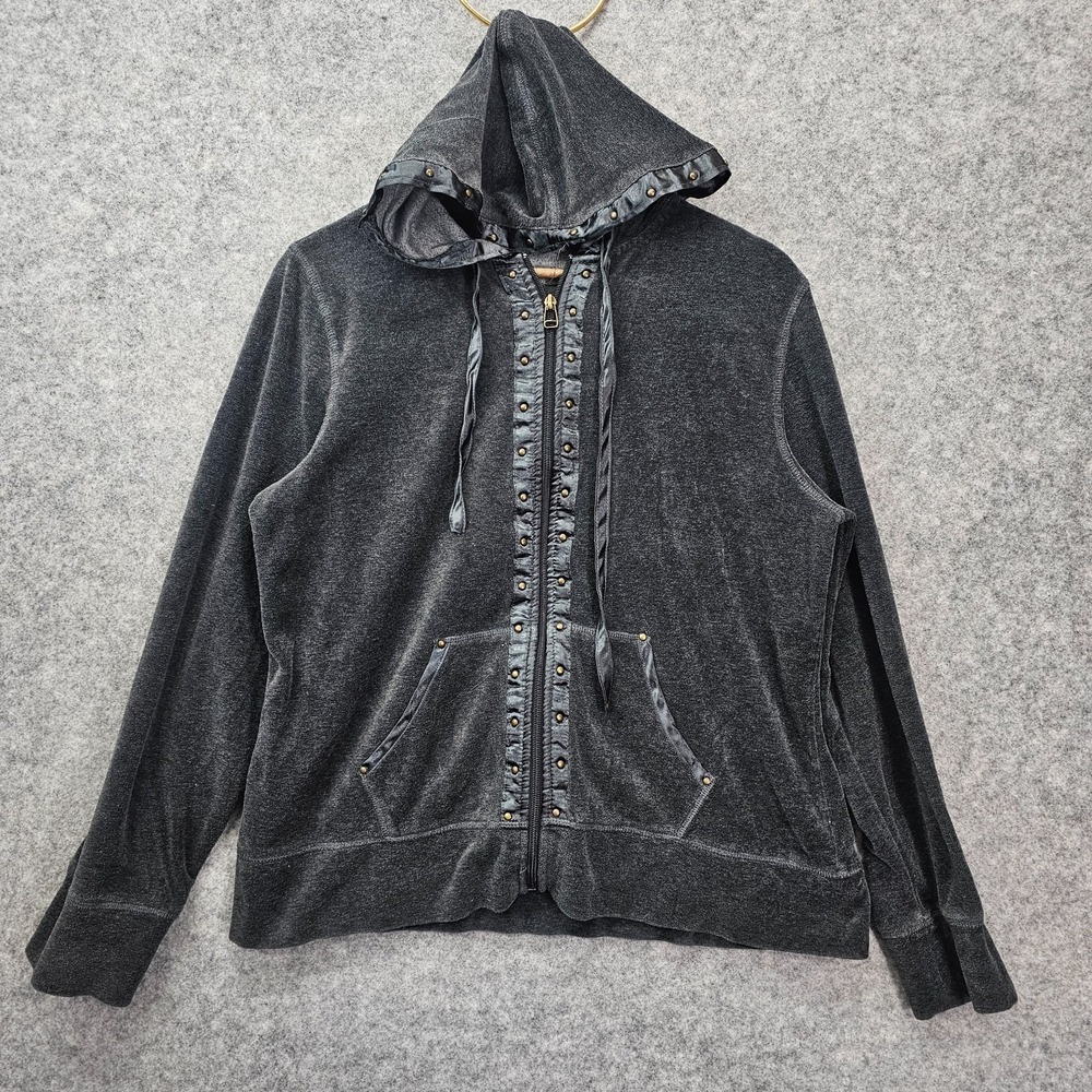Y2K Grunge Hoodie Womens Large Charcoal Studded Velour Urban Street SILVERWEAR